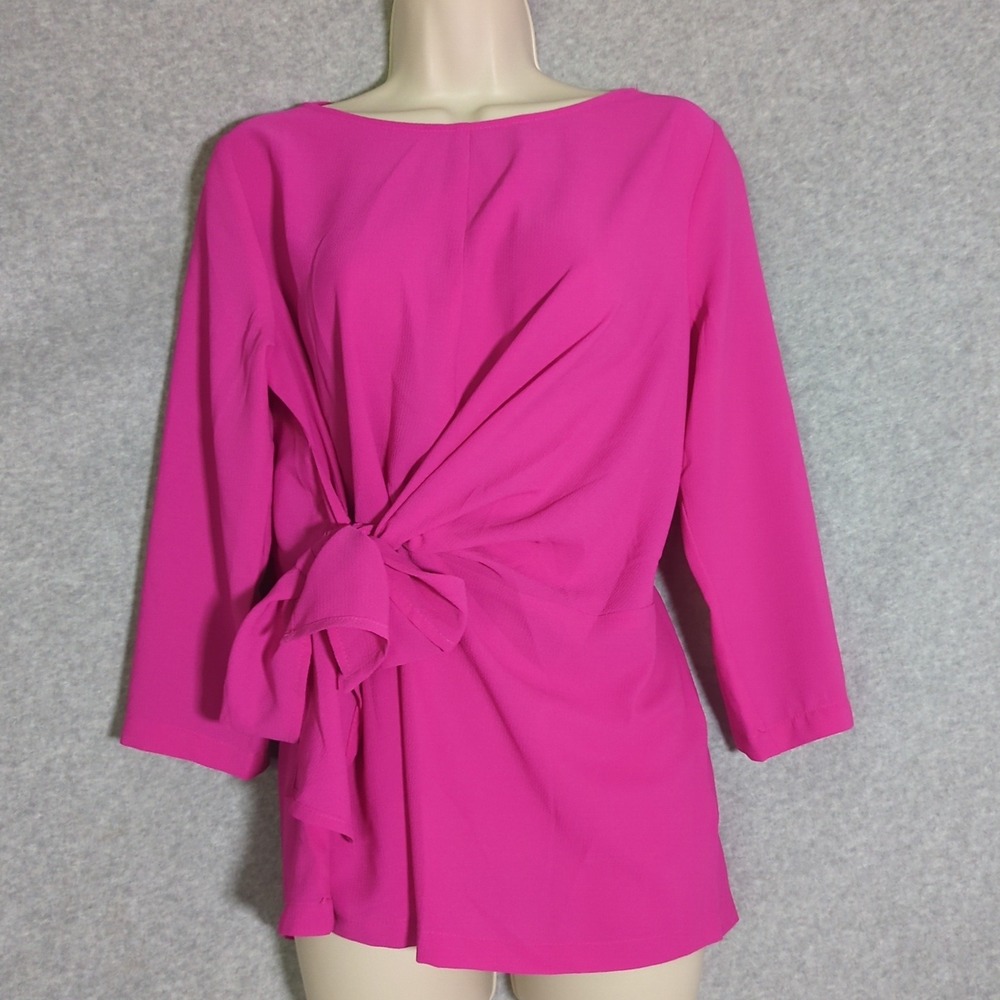 New Gibson Women's Tie Front 3/4 Sleeve Gauze Blouse Top‎ Hot Pink Small
